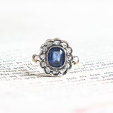 Bague marguerite ancienne en or 14 carats avec saphir synthétique et diamants, 1940