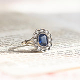 Bague marguerite ancienne en or 14 carats avec saphir synthétique et diamants, 1940