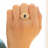 Vintage 18K gold ring with sapphire (approx.1ct) and diamonds (approx.1.50ctw), 1960s / 1970s