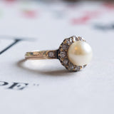 Antique 18K gold ring with pearl and diamonds, early 1900s