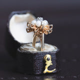 Anello vintage in oro 14K con perle e diamante centrale, anni '50/'60