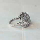 Anello antico in oro bianco 18K con spinello e diamanti, anni '20