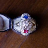 Anello antico in oro bianco 18K con diamanti, rubino e zaffiro, anni '20/'30 - Antichità Galliera