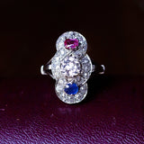 Anello antico in oro bianco 18K con diamanti, rubino e zaffiro, anni '20/'30 - Antichità Galliera