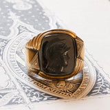 Antique 10K gold men's ring with engraved hematite and diamonds, 1940s