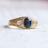 Anello da uomo antico in oro 18K con zaffiro e diamanti, primi del '900