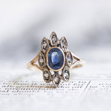 Anello antico in oro 12K e argento con zaffiro e diamanti, primi del '900