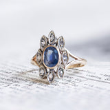 Anello antico in oro 12K e argento con zaffiro e diamanti, primi del '900