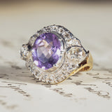 Anello vintage in oro 18K con ametista e diamanti, anni '50