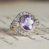 Anello vintage in oro 18K con ametista e diamanti, anni '50