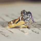 Anello vintage in oro 18K con ametista e diamanti, anni '50