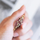 Bracciale morbido vintage in oro 14K con diamanti e rubini, anni '60
