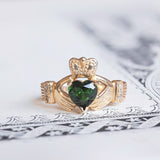 Bague claddagh vintage en or 14 carats avec diamants et pierre verte, années 60/70