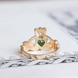 Bague claddagh vintage en or 14 carats avec diamants et pierre verte, années 60/70