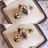 Anello a navette vintage in oro 14K con diamanti e zaffiro viola, anni '60/'70