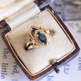 Anello a navette vintage in oro 14K con topazio blu e diamanti, anni '60/'70