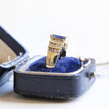 Bague vintage en or 14 carats avec saphir central taille navette et diamants, 1970