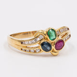Anello vintage in oro giallo con zaffiro, rubino, smeraldo e diamanti(0.30ct), anni '70