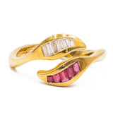 Anello vintage in oro giallo 18k con diamanti e rubini, anni '70