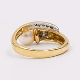 Anello vintage in oro giallo 18k con perla e diamanti, anni '70