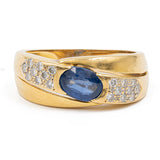 Anello vintage in oro giallo 18k con zaffiro (1ct) e diamanti (0.18ct), anni '60/'70