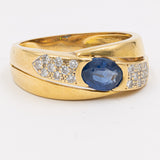 Anello vintage in oro giallo 18k con zaffiro (1ct) e diamanti (0.18ct), anni '60/'70