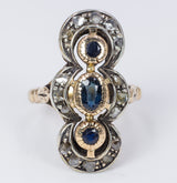 Bague ancienne en or 18 carats avec saphirs et rosettes de diamants, années 1950