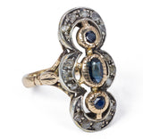Bague ancienne en or 18 carats avec saphirs et rosettes de diamants, années 1950