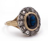 Anello antico in oro e argento con zaffiro e rosette di diamante , 1920 circa