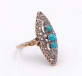 Anello antico in oro e argento con turchesi e rosette di diamante , primi del '900