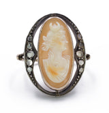 Anello Art Nouveau in oro 9K e argento con cammeo e diamanti di taglio rosetta, anni ‘10