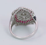 Anello vintage in oro bianco con diamanti e rubini , anni 50