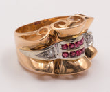 Anello art decò in oro con diamanti e rubini, anni 30/40