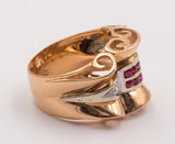 Anello art decò in oro con diamanti e rubini, anni 30/40