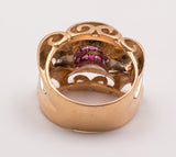 Anello art decò in oro con diamanti e rubini, anni 30/40