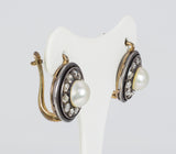 Boucles d'oreilles anciennes en or et argent avec diamants et perle, début des années 1900