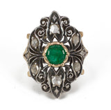Anello vintage in oro e argento con rosette di diamante e smeraldo, anni 50