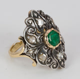 Anello vintage in oro e argento con rosette di diamante e smeraldo, anni 50
