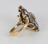 Anello vintage in oro e argento con rosette di diamante e smeraldo, anni 50