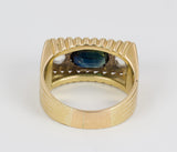 Anello vintage in oro da uomo 18k con zaffiro e rosette di diamante, anni 40