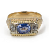 Anello vintage da uomo in oro con zaffiro e rosette di diamante, anni 50