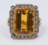 Anello in oro 18k con quarzo citrino e rosette di diamnte, anni 60
