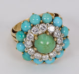 Bague vintage en or 18 carats avec diamants taillés en brillant (environ 1,20 ct) et turquoise, 1960