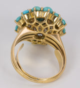 Bague vintage en or 18 carats avec diamants taillés en brillant (environ 1,20 ct) et turquoise, 1960