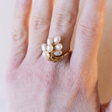 Anello vintage in oro 18K con perle, anni '60/'70