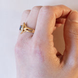 Anello vintage a navette in oro 18K con zaffiro e diamanti, anni '60