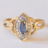 Anello vintage a navette in oro 18K con zaffiro e diamanti, anni '60