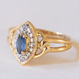 Anello vintage a navette in oro 18K con zaffiro e diamanti, anni '60