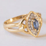 Anello vintage a navette in oro 18K con zaffiro e diamanti, anni '60