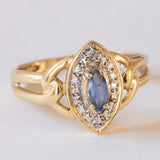 Anello vintage a navette in oro 18K con zaffiro e diamanti, anni '60